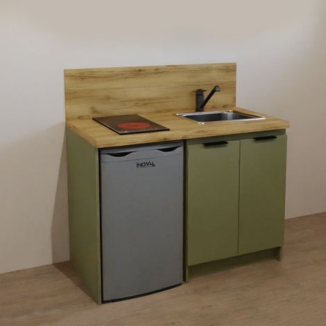 Inoval – Kitchenette TERRA VERT ARGILE 120cm – Meuble mélaminé 19mm – Plaque vitrocéramique 3000W – Réfrigérateur 86L avec congélateur (1/4)