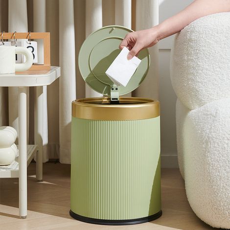 Poubelle Élégante à Pression Circulaire - Couvercle Inclus pour Maison et Salle de Bain Salon Chambre Pastel Moderne 12l Vert (1/4)