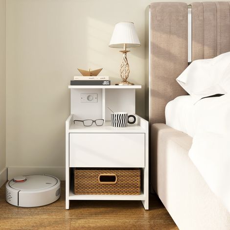 Mesita de Noche con Estación de Carga Puertos USB Cajón y Estantes Mesilla de Noche Dormitorio 40x40x60 cm Blanco (1/5)