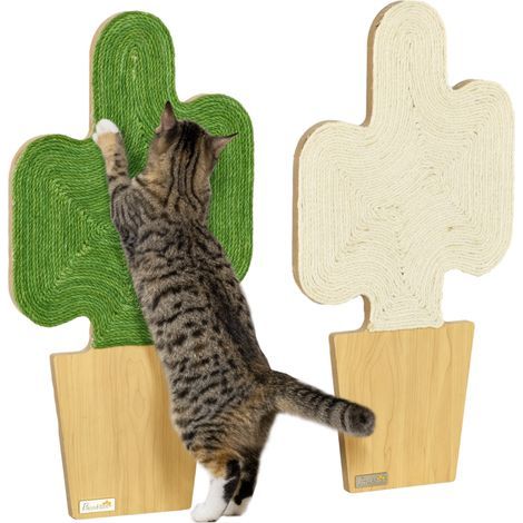 Set di 2 tiragraffi per gatti da parete, motivo cactus, 30 cm x 60 cm, quercia, bianco e verde. (1/5)