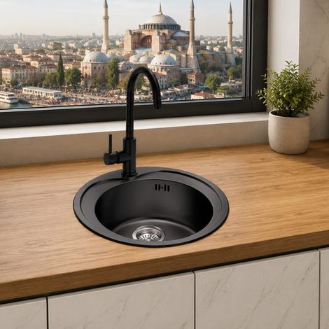 Fregadero Pila Cocina Acero Negro Pavonado 49 cm Sobre Encimera 1 seno redondo Serie Estambul (1/4)