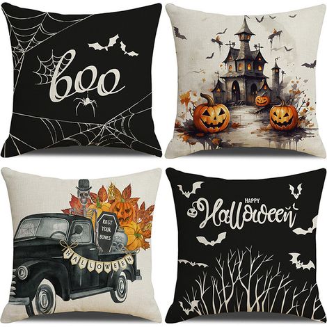 Ensemble de 4 housses de coussin d'Halloween 18 x 18, décoration de porche extérieur avec motifs de citrouilles et de bonbons. (1/4)