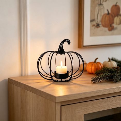 Ulisem - Portacandele a forma di zucca in ferro battuto - Decorazione di Halloween - Portacandele a forma di zucca in metallo - Ornamento da tavolo - Decorazione per camino - Nero (1/5)