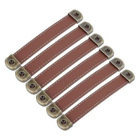 BUNTHAUS Lot de 6 poignées en cuir, poignées d'armoire en cuir vintage - poignées de meubles, poignées de cuisine en cuir marron, entraxe 128 mm (1/4)