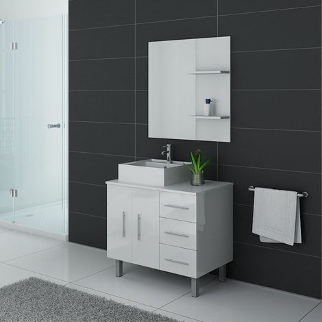Distribain – Meuble de salle de bain simple vasque 80x50x55.6cm – 3 tiroirs – Miroir avec étagères – Vasque carrée en céramique blanche