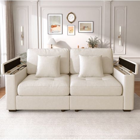 Sofa 180 cm Beige aus Chenille mit Stauraum in den Armlehnen, Seitentaschen und 2 Kissen (1/5)