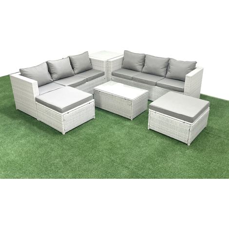 Fimous Garten Polyrattanmöbel Set 8-Sitzer Rattan Garten Sofa Set mit 2 hohen Hockern Beistelltisch Hellgrau gemischt (1/5)