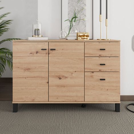 Aparador Guatav, Cómoda 3 Cajones, 2 Estantes, Puerta Abatible, Deslizante, 116x35x78h cm Marrón Roble Nodoso (1/5)