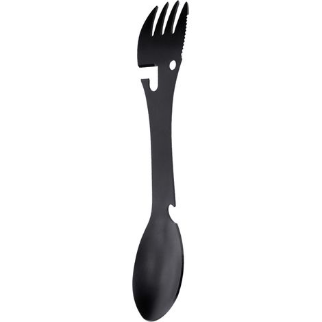 Cuillère multifonction portable 5 en 1 avec fourchette, ouvre-bouteille et coupe-boîtes en dents de scie, idéale pour le camping et les pique-niques. (1/5)