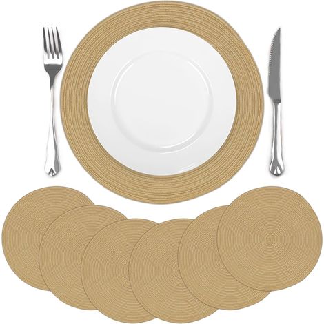 Lot de 6 sets de table ronds tressés marron, antidérapants, lavables, 38x38 cm. (1/5)