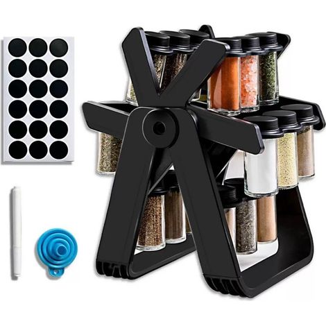 Support à épices rotatif 18 bocaux, rangement à condiments en forme de croix, étagère de cuisine avec flacons en verre, étiquettes et stylo marqueur (1/5)