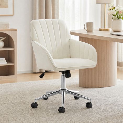 MODFU – Poltrona ufficio girevole in velluto con altezza regolabile 50-59 cm, schienale ergonomico e 5 ruote – Bianco (1/5)
