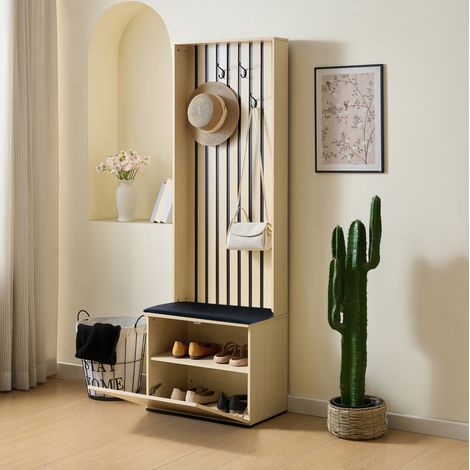 Portemanteau d’entrée avec banc, 4 crochets et rangement à chaussures, MDF, bois (1/5)