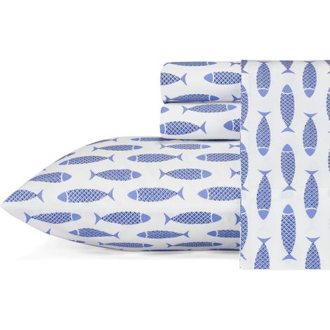 Nautica - Set di lenzuola doppie, set di biancheria da letto in percalle di cotone, croccante e fresco, leggero e traspirante (Woodblock Fish Blue, Twin) (1/4)