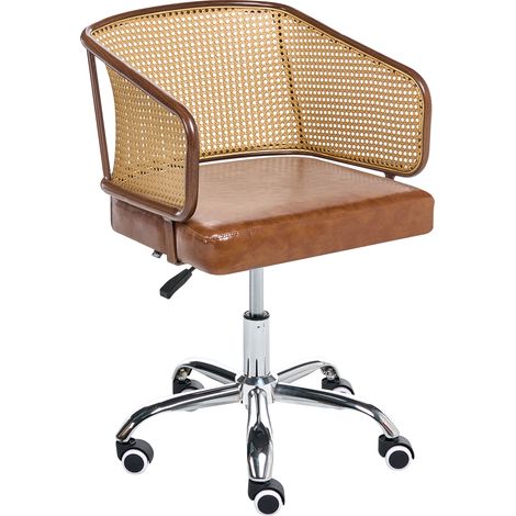 Silla de oficina retro de piel sintética respaldo de ratán sintético trenza vienesa giratoria ajustable marrón Tucson (1/5)
