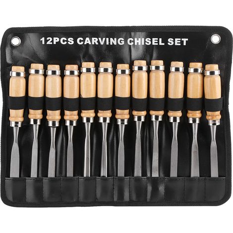 Ensemble de 12 ciseaux à bois en acier, gouges à sculpter le bois, outils de bricolage avec pochette (1/5)