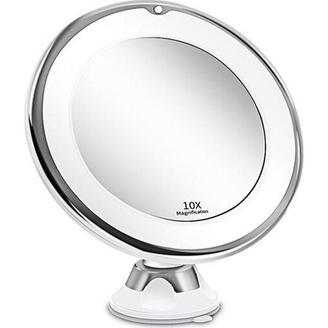 Miroir Grossissant 10x - Lumineux LED avec Forte Ventouse - Batterie - Miroir Maquillage avec Lumière Natur Dimmable pour Les Salles de Bain - Blanc (1/5)