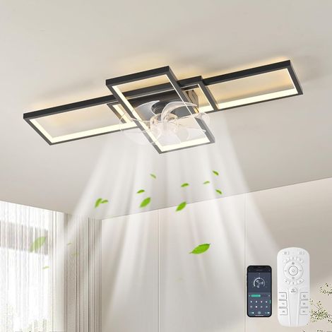 Ganeed Modern Ceiling Fan with Light,35" Dimmable Flush Mount Ceiling Fans with Lights and Remote, Black Led Fandelier,Low Profile Ceiling Fan for Bedroom,Kitchen,Living Room(6-Speed,Timing,3000-6000k (1/5)