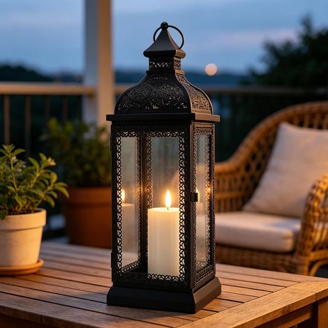 Lanterne Métallique de Style Rustique, Grande Chandelier Porte-Bougie Décorative avec Verre Trempé pour Thanksgiving, Noël, Salon, Jardin, Patio, Soirées, Intérieur/Extérieur (Noir) (1/5)