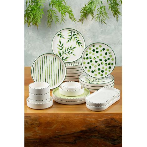 Juego de desayuno, vajilla, mantel individual. Set 100% Cerámico Verde Blanco