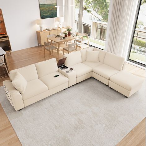 Sofá modular esquinero (311x139x85 cm), reversible en L o U, con consola móvil, corduroy beige (1/5)