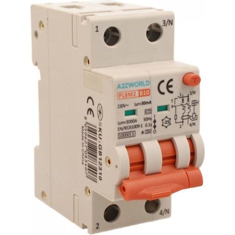 RCBO Interruttore Magnetotermico Differenziale Con Doppia Leva Tipo A Curva B 2P 2M 6000A 30mA, Diagnostica Visiva, B10A  AC 230V IP20 IEC61009-1 PL8M2