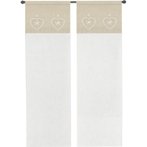 Tenda Finestra Porta Interno Coppia 2 pz Cuore Shabby Chic Tessuto Semitrasparente Beige - 60x150 cm