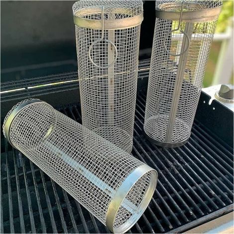 20 × 9 cm Rollgrillkorb, Edelstahl-BBQ-Grill mit zylindrischem Grillkorb für Outdoor-Grillklingen, Pommes-Frites-Grillzubehör, 3-tlg (1/4)