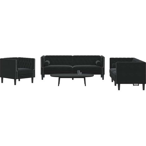 Ensemble de canapé Chesterfield et traversins 3pcs noir velours