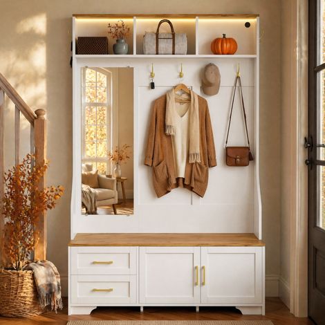 CHICFURN Recibidor zapatero 120x40x187 cm de MDF blanco con LED, espejo y almacenaje (1/5)