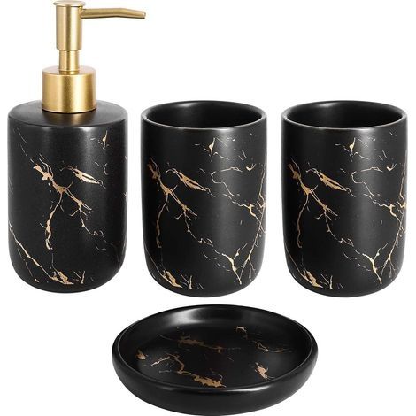Ensemble de 4 Accessoires de Salle de Bain en céramique avec Distributeur de Savon, gobelets, Porte-Savon (Noir) (1/5)