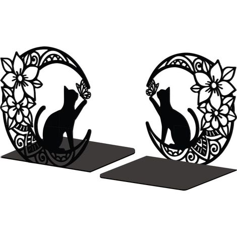 Lot de 2 Serre-Livres Métal Lune avec Chat Et Fleur Décoratif (1/5)