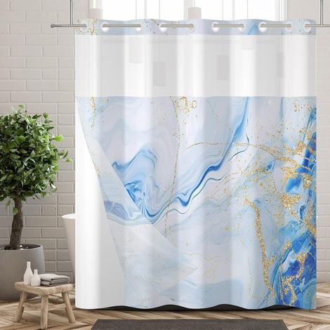 Rideau de Douche sans Crochets avec Doublure à Pression, imperméable, Double Couche, Bleu Clair, doré, Effet marbre, décoratif pour Salle de Bain, avec fenêtre Transparente, 180x210cm (1/5)