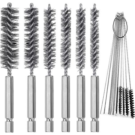 6 Pieces Stainless Steel Boring Brush Set in Different Sizes + 15 Pcs Nylon Cleaning Needles, Twisted Wire Brush with Handle 1/4" Hex Shank for Tubes and Ports (1/5)