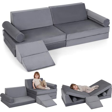 10 PCS Canapé Modulable Enfant en Mousse et Tissu Velours Ultra-Doux, Canapé Convertible 2 Places avec Housses Amovibles et Lavables, Chauffeuse(Gris) (1/5)