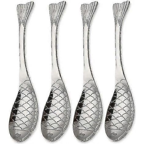 Cuillères créatives (poisson) de 6,7 pouces, non magnétiques (ensemble de 4, argentées) [jkw] (1/5)