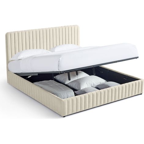 Lit coffre adulte 180x200 cm avec tête de lit capitonnée en tissu chenille beige - Alto