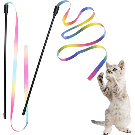2 bâtonnets interactifs pour chats, rubans colorés en satin doux avec embout nuage, 28 x 50 cm, jeu d'interaction et d'exercice (1/5)