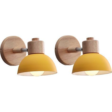 (2x) Applique murale rétro moderne en bois et métal, 15 cm, orientable, style nordique simple, pour intérieur — couleur jaune (1/5)