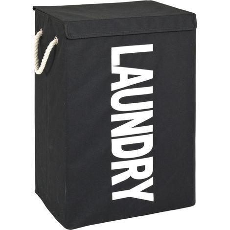 Sac à linge en tissu coloris noir-blanc motif Laundry - Dim : L40 x P30 x H62 cm -PEGANE-