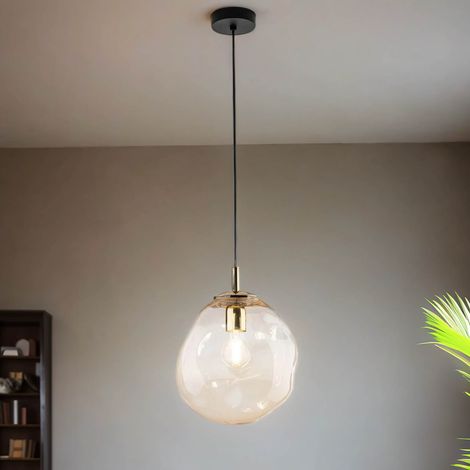 Pendelleuchte Metall Rauchglas E27 25 cm breit H: max. 175 cm in Schwarz Bernstein Gold Modern