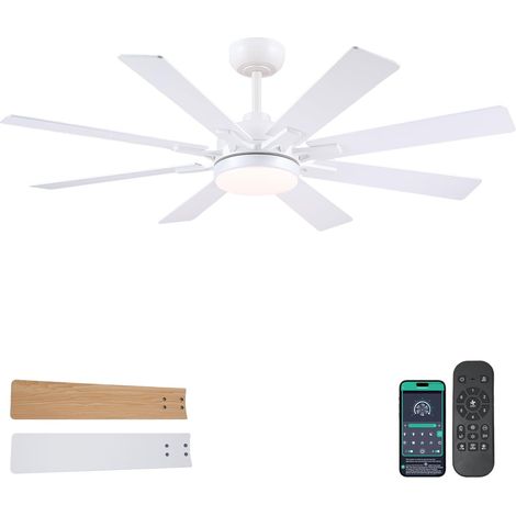 Ventilateur Plafond avec Lumiere Silencieux 132 cm, Ventilateur de Plafond avec Telecommande et APP, Plafonnier Ventilateur Led pour Chambre Salon, Moteur CC Réversible, 8 Pales en Bois, Blanc (1/5)