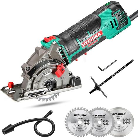 Sierra Circular, HYCHIKA Mini Sierra Circular de Mano 500W 4500RPM, 3 Hojas de Sierra de 30T + 36T+Diamente, Ideal para Cortar Azulejo, Madera, Metal Blando, Plástico