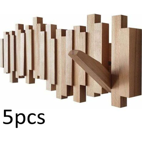 Porte-manteau mural en bois naturel avec 8 crochets - Style moderne rabattable - Pour entrée, salle de bain, manteaux, chapeaux, sacs(5pcs) (1/4)