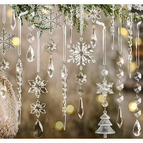 Acrylic crystal snowflake Christmas decorations, 24 clear pendants, sparkling light-up tree
