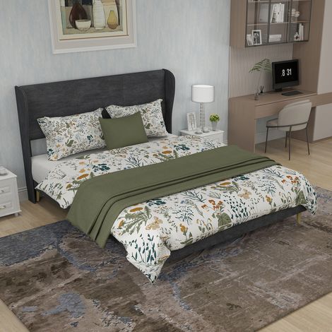 REDOM Lit double 140x200 cm tête rembourrée moderne, tissu et métal base basse gris (Sans matelas) (1/5)