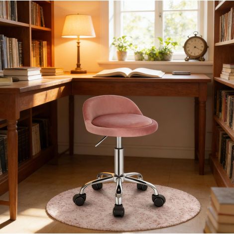 Taburete de oficina (30x30x53-65.5 cm), giratorio 360°, regulable en altura, terciopelo y metal, rosa (1/4)