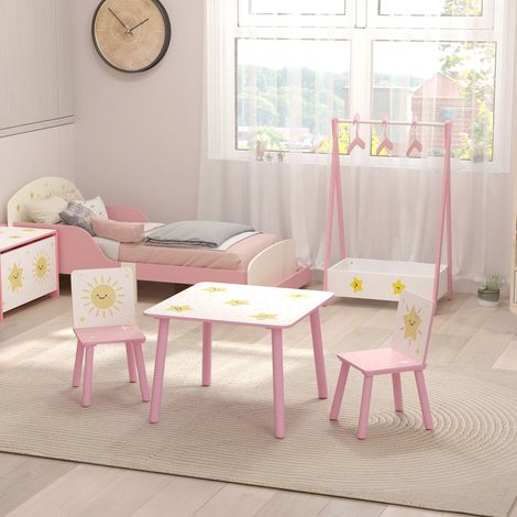 Kindertisch mit Stuhl, Holztisch und 2 Kinderstühle, Sternenmuster, 60 x 60 x 44 cm, rosa