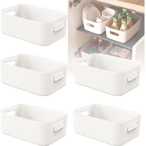 Lot de 5 petites boîtes de rangement blanches en plastique avec poignées, idéales pour les étagères, la cuisine, le bureau, le réfrigérateur, la salle de bain et l'organisation de la maison - 20,5 x 1 (1/4)