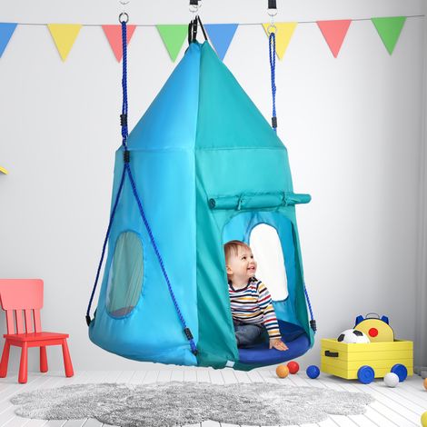 Altalena a nido con tenda, Ø100 cm, corde regolabili in lunghezza, impermeabile, portata massima 150 kg, blu-verde